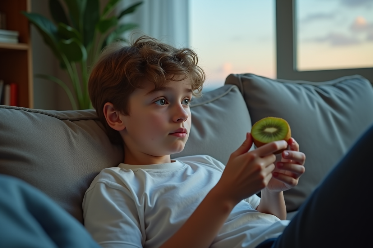 Adolescent en t-shirt blanc tient un kiwi pelé sur le canapé