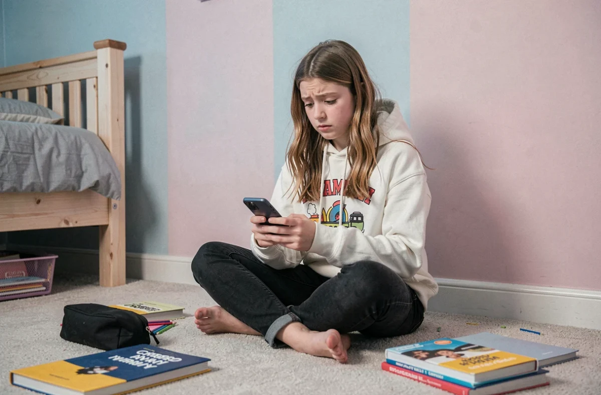 Adolescente consultant son téléphone pour vérifier l'orthographe correcte de je t'envoie en français
