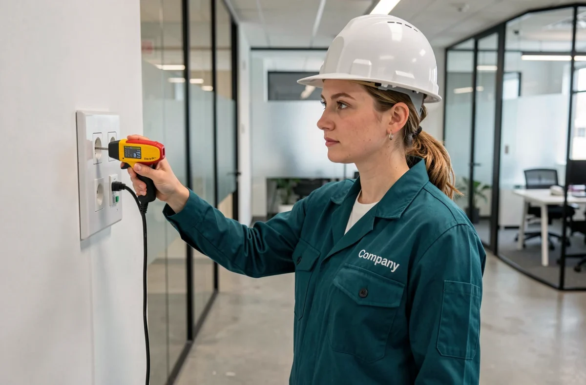ALIZE ELEC : électricienne professionnelle testant une installation électrique dans un espace commercial du Var