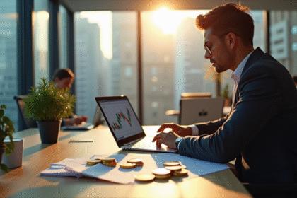 Professionnel analysant graphiques crypto dans un bureau lumineux