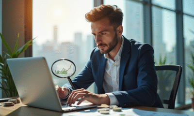 Jeune professionnel analysant un graphique financier en croissance