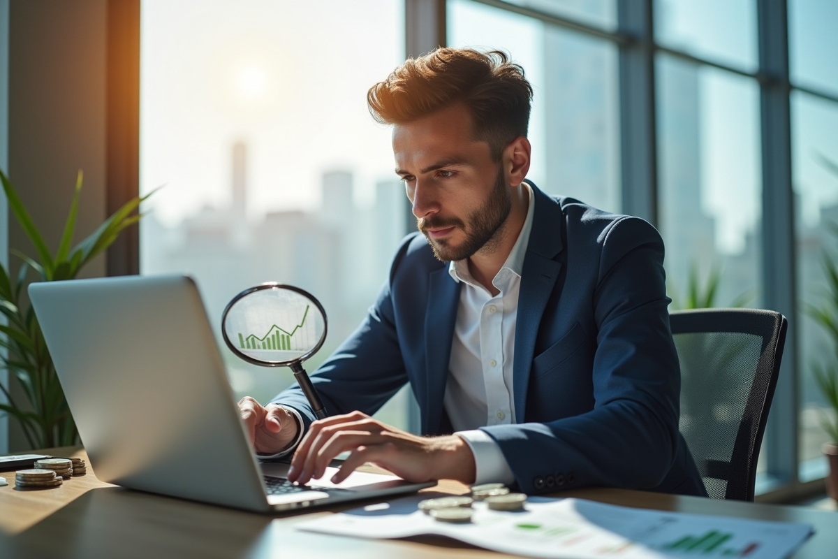 Jeune professionnel analysant un graphique financier en croissance