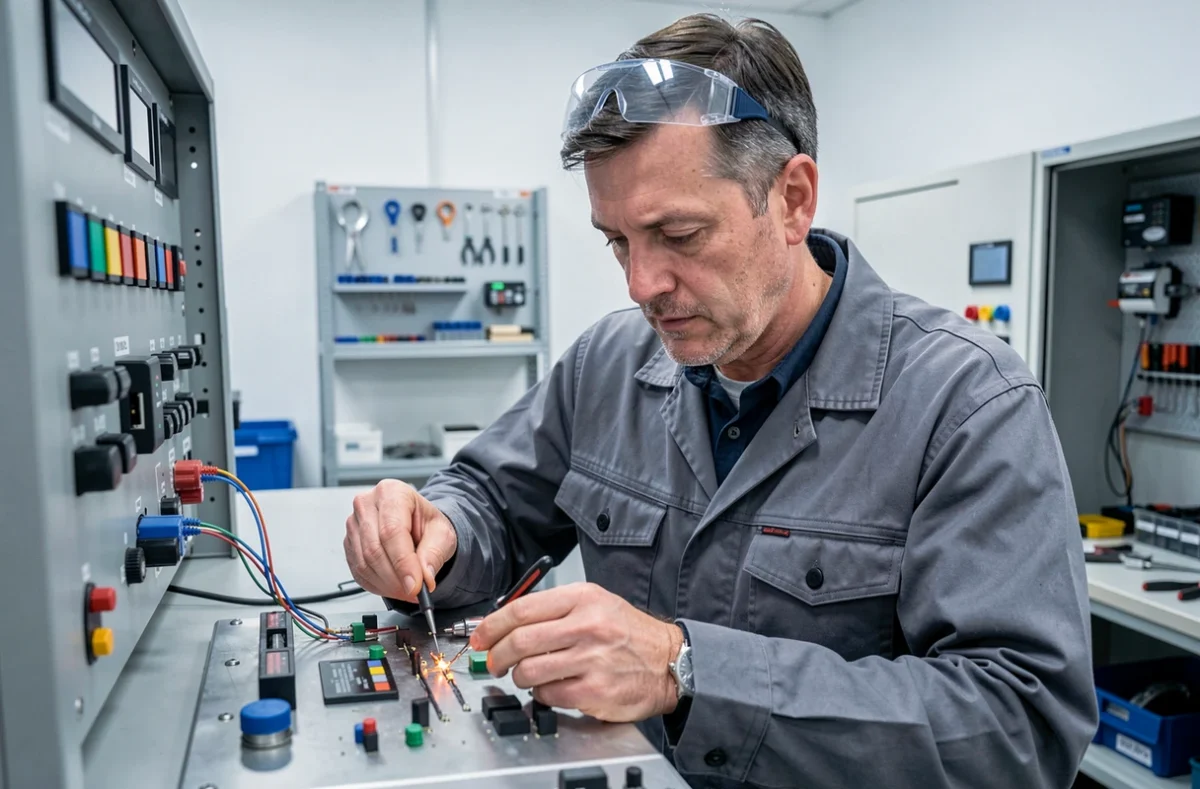 APEG : électricien travaillant sur un panneau de contrôle industriel dans un atelier technique du Var