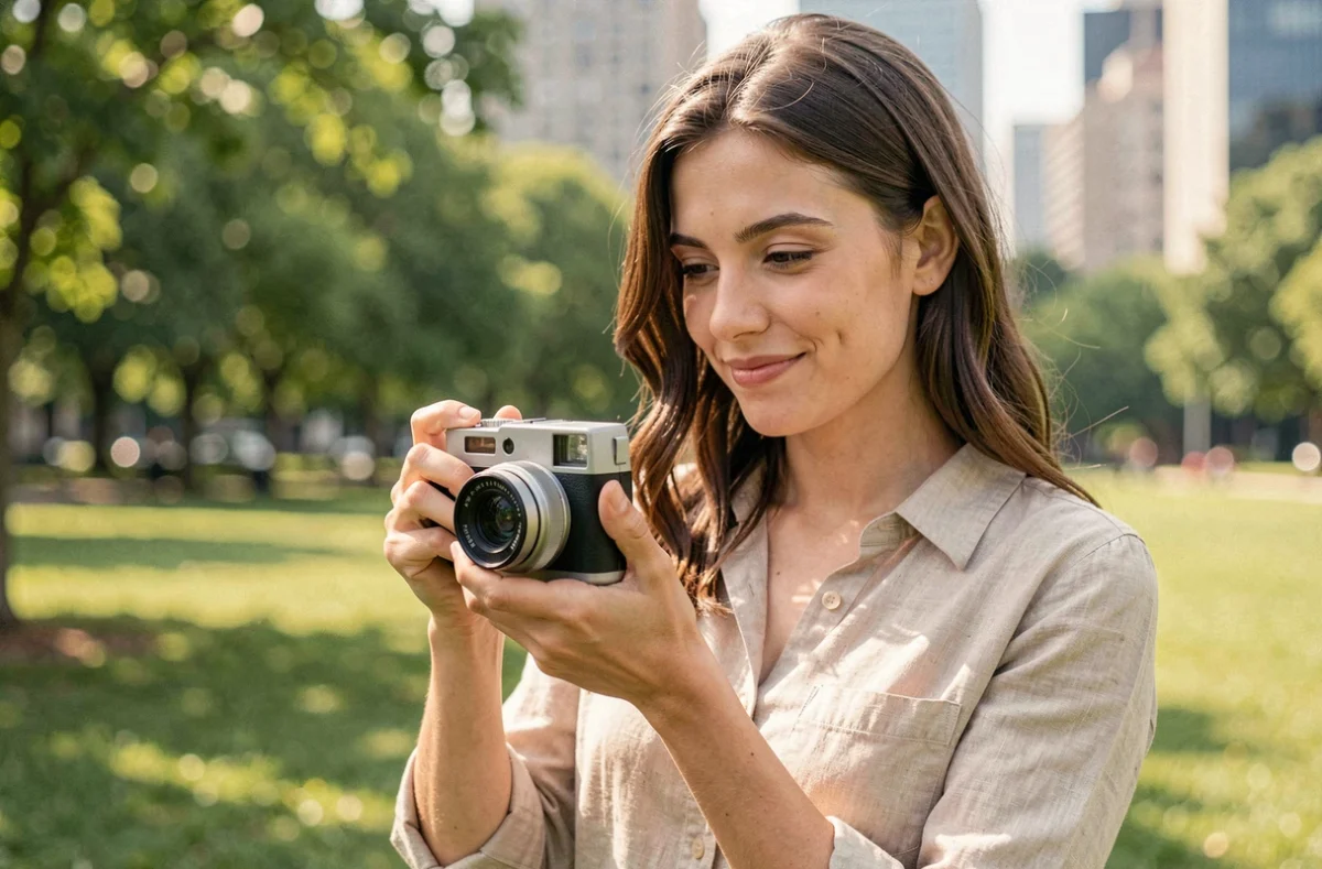 Jeune femme tenant un appareil photo jetable réutilisable dans un parc urbain, illustrant une démarche photographique écologique et responsable