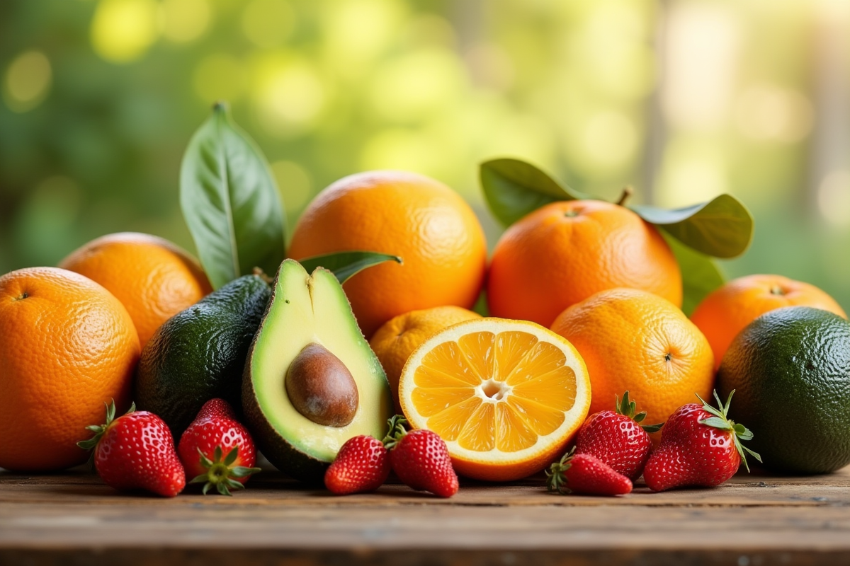 Assortiment de fruits riches en vitamine D sur une table ensoleillee