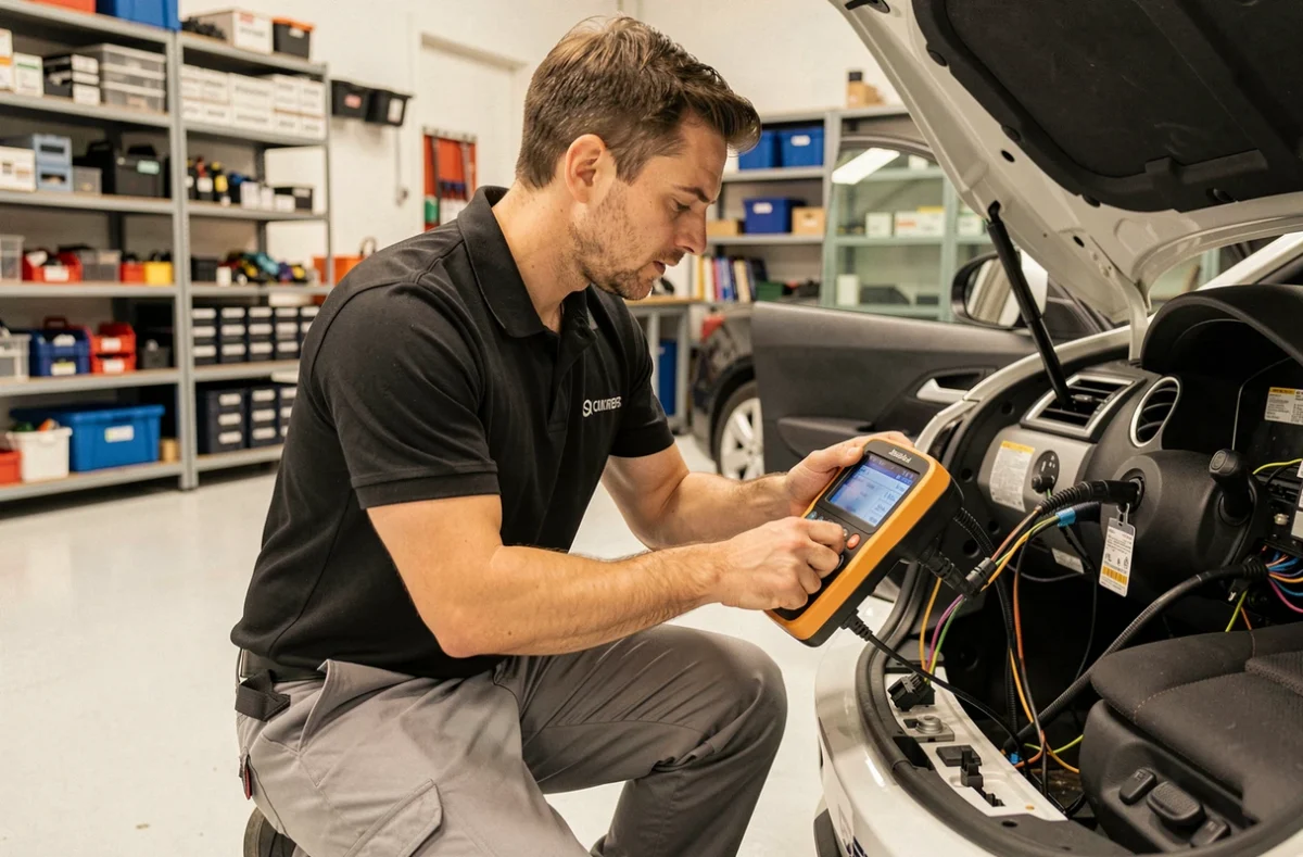AUTO OPTION : électricien automobile connectant un outil de diagnostic électronique sur un véhicule dans le Var