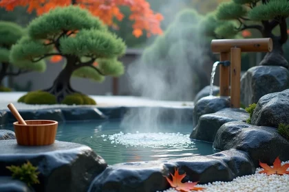 Bain thermal japonais en pierre volcanique entouré de pins et de feuilles d'automne dans un jardin de ryokan traditionnel