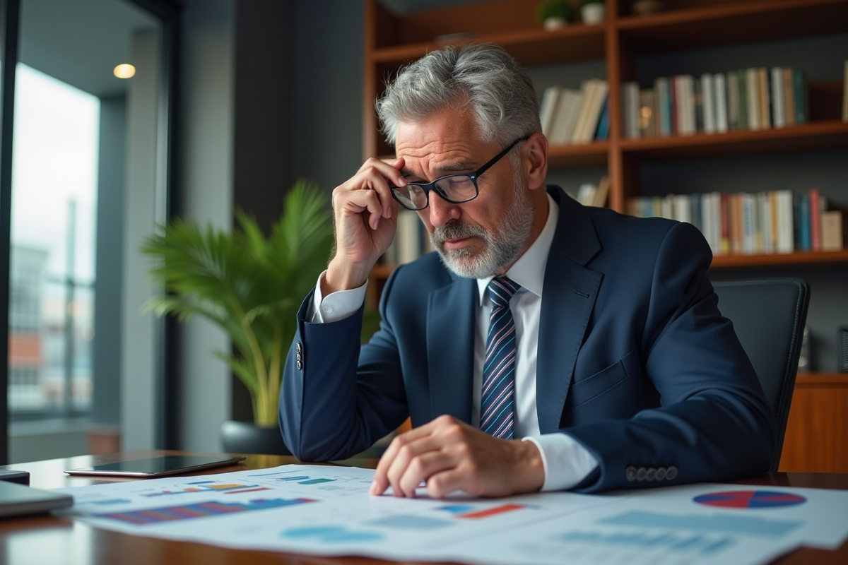Banquier central homme en costume ajustant ses lunettes