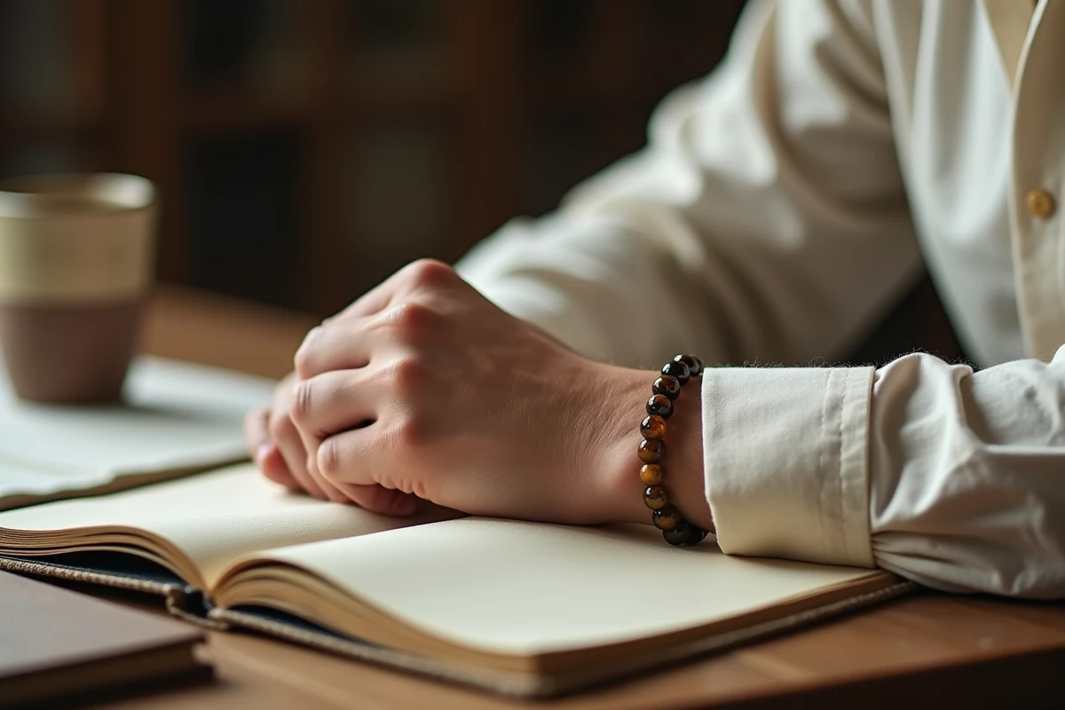 Jeune homme portant un bracelet en pierre œil de tigre au poignet, assis à un bureau en bois avec un journal, illustrant la protection quotidienne par la lithothérapie