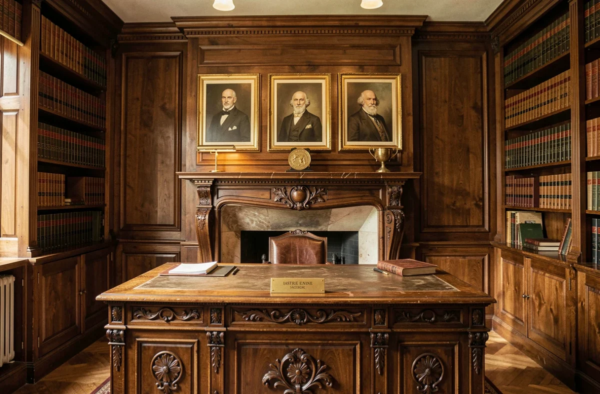 Intérieur historique du cabinet Boniface-Hordot-Fumat-Mallon SCP à Saint-Étienne avec des portraits d'avocats fondateurs et un bureau ancien