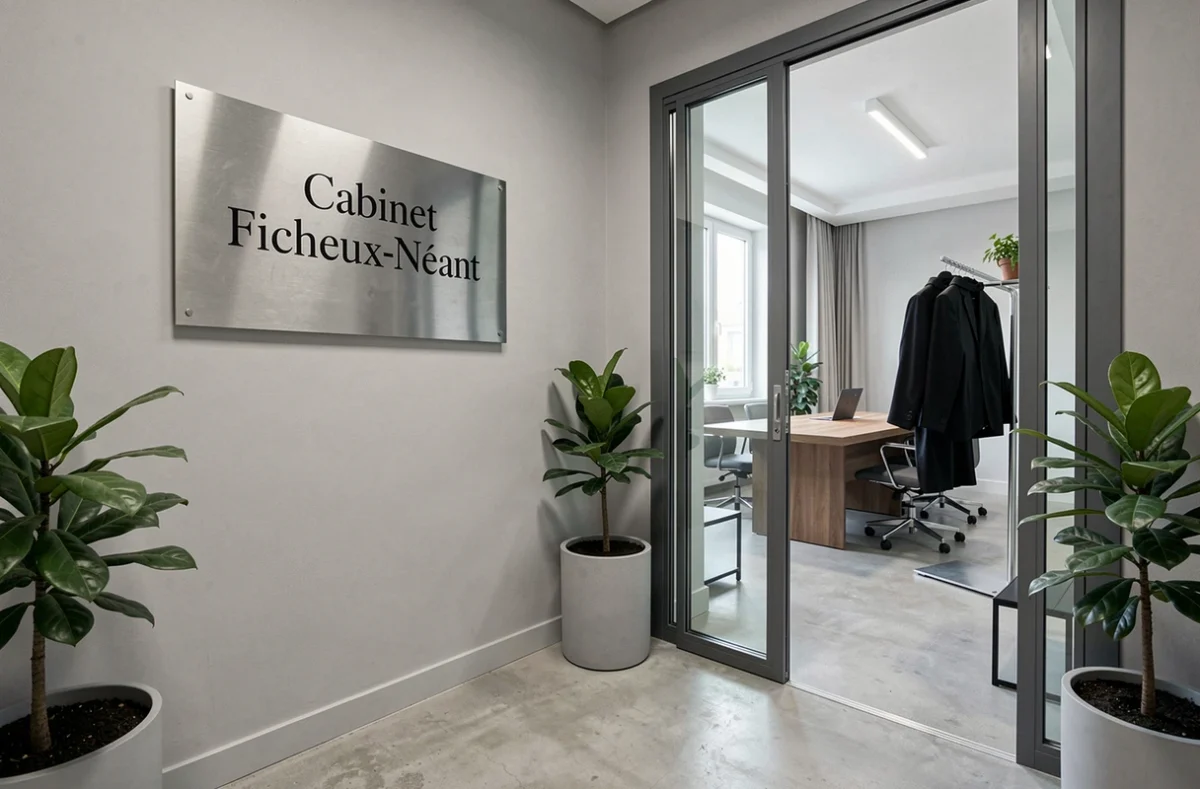 Couloir du cabinet Ficheux-Néant avec enseigne en métal brossé et salle de réunion visible en arrière-plan