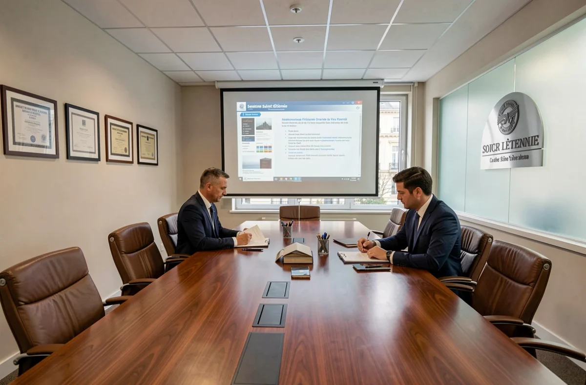 Salle de réunion du cabinet Ficheux-Néant à Saint-Étienne, avec une grande table de conférence et des avocats préparant des dossiers