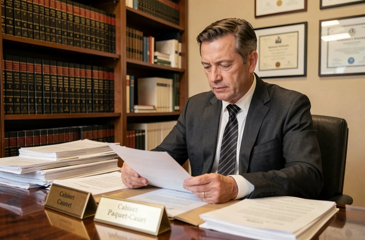 Avocat du cabinet Paquet-Cauet assis à son bureau en acajou entouré de codes juridiques français