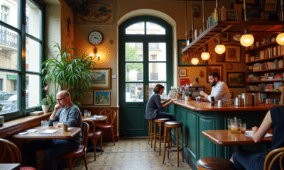 Café parisien vintage avec mobilier dépareillé et barista en action