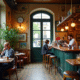 Café parisien vintage avec mobilier dépareillé et barista en action