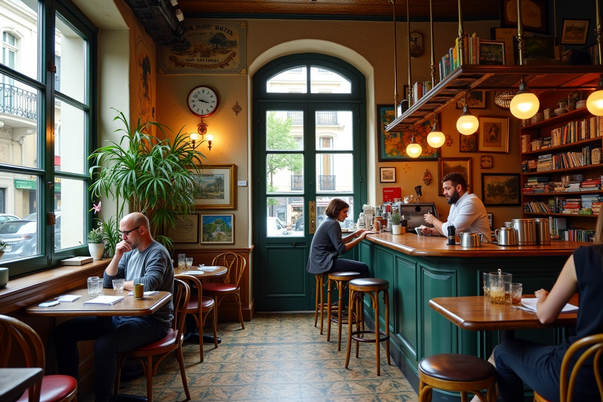 Café parisien vintage avec mobilier dépareillé et barista en action