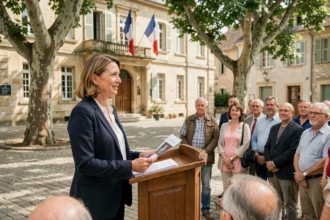 Candidate aux élections municipales présentant sa profession de foi devant la mairie d'une petite ville française