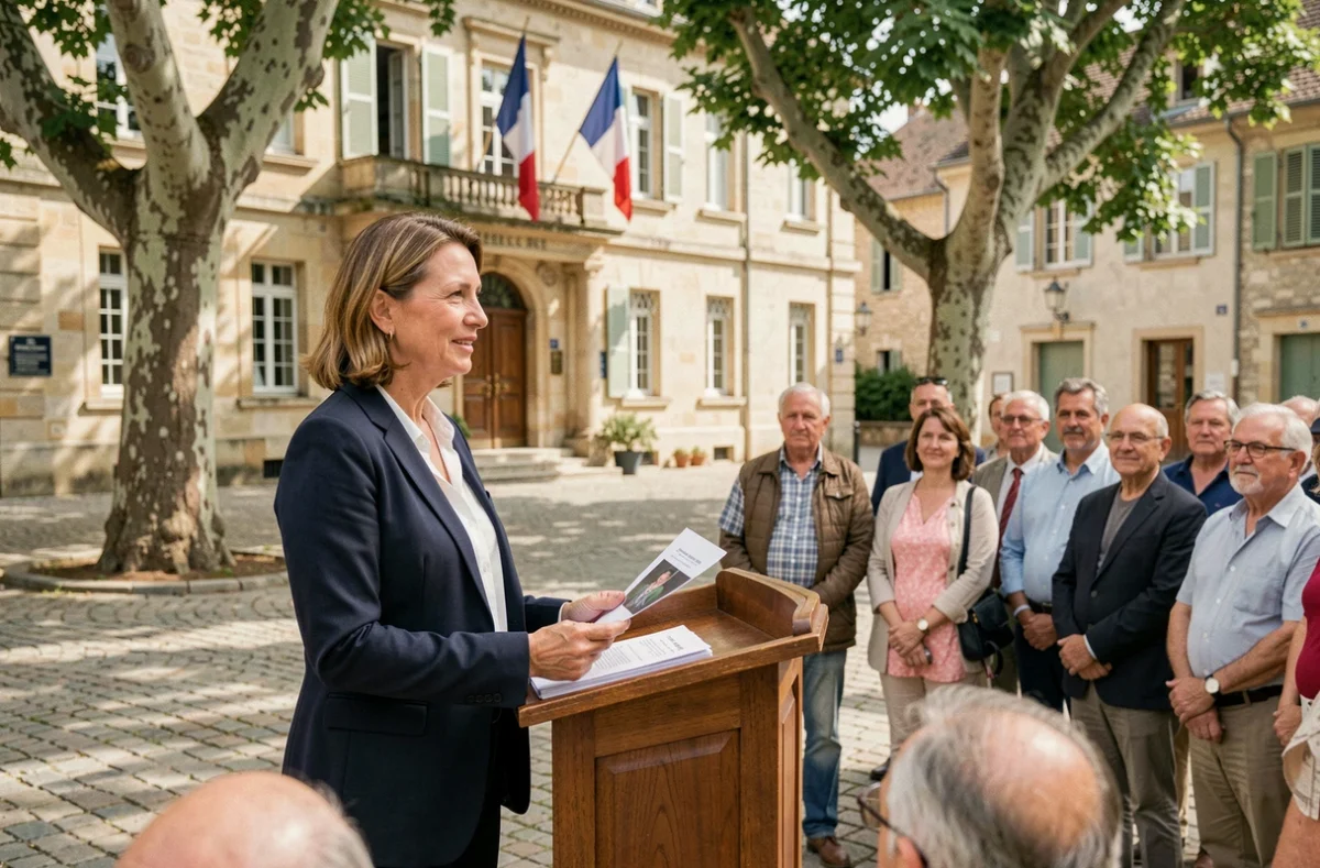 Candidate aux élections municipales présentant sa profession de foi devant la mairie d'une petite ville française