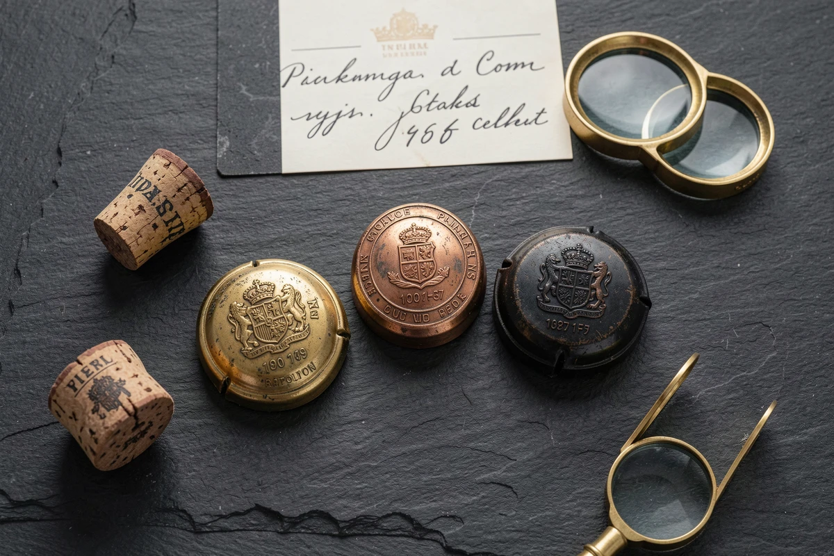 Collection de capsules de champagne rares en gros plan sur une surface en ardoise avec loupe et carte de collectionneur