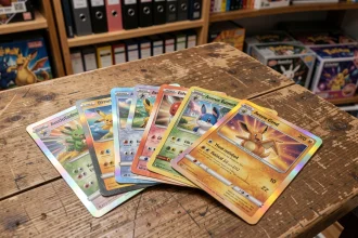Collection de cartes Pokémon Aventure Ensemble étalées sur un bureau en bois avec reflets holographiques et détails de surface réalistes