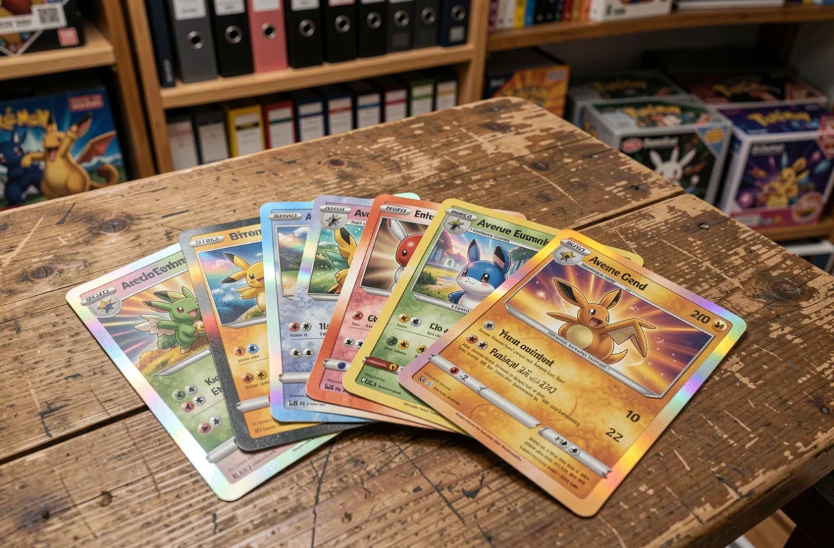 Collection de cartes Pokémon Aventure Ensemble étalées sur un bureau en bois avec reflets holographiques et détails de surface réalistes