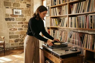 Une femme en tenue inspirée des années 60 pose un disque vinyle sur une platine dans un appartement parisien vintage, évoquant l'héritage de la chanson française.