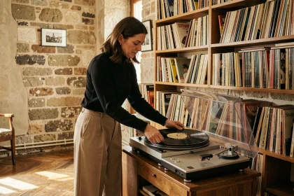 Une femme en tenue inspirée des années 60 pose un disque vinyle sur une platine dans un appartement parisien vintage, évoquant l'héritage de la chanson française.