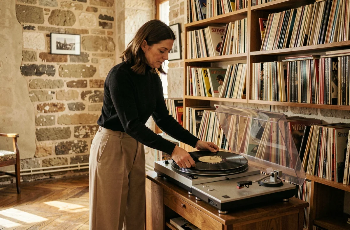 Une femme en tenue inspirée des années 60 pose un disque vinyle sur une platine dans un appartement parisien vintage, évoquant l'héritage de la chanson française.