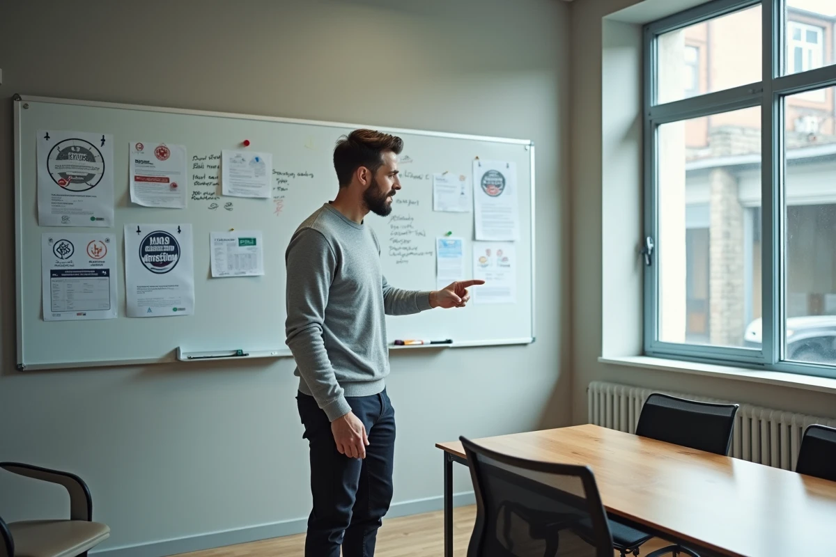Chef d'entreprise expliquant les différentes certifications professionnelles devant un tableau blanc couvert de notes et de logos ISO