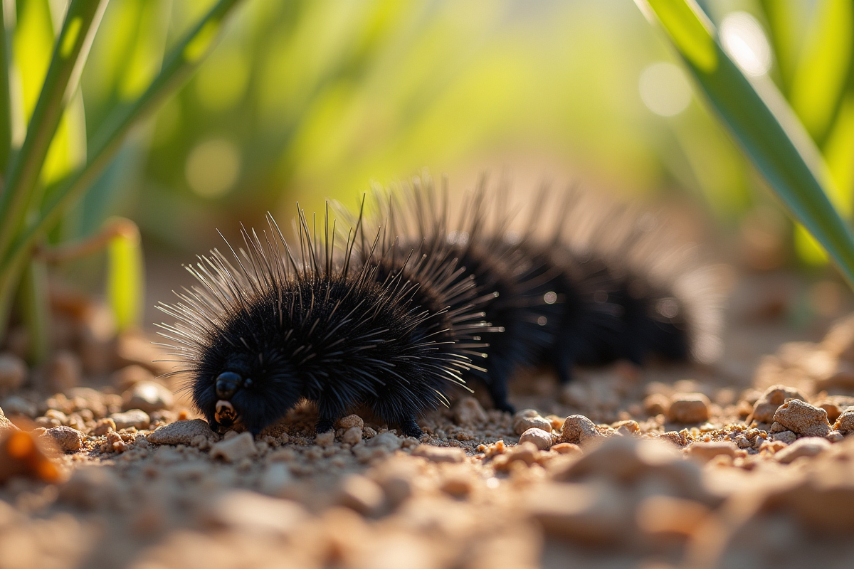 Chenille noire sur sol sec entourée d