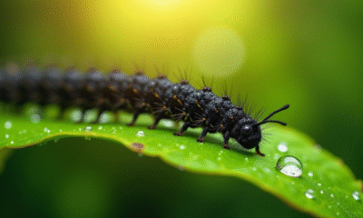 Gros plan d'une chenille noire sur une feuille verte avec rosée
