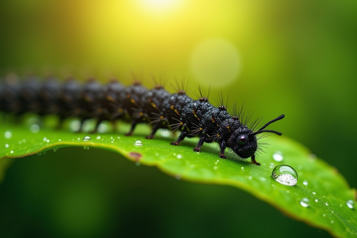 Gros plan d'une chenille noire sur une feuille verte avec rosée