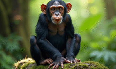 Chimpanzee assis sur une roche dans la forêt luxuriante