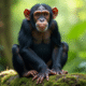 Chimpanzee assis sur une roche dans la forêt luxuriante