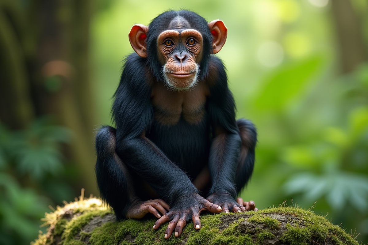 Chimpanzee assis sur une roche dans la forêt luxuriante