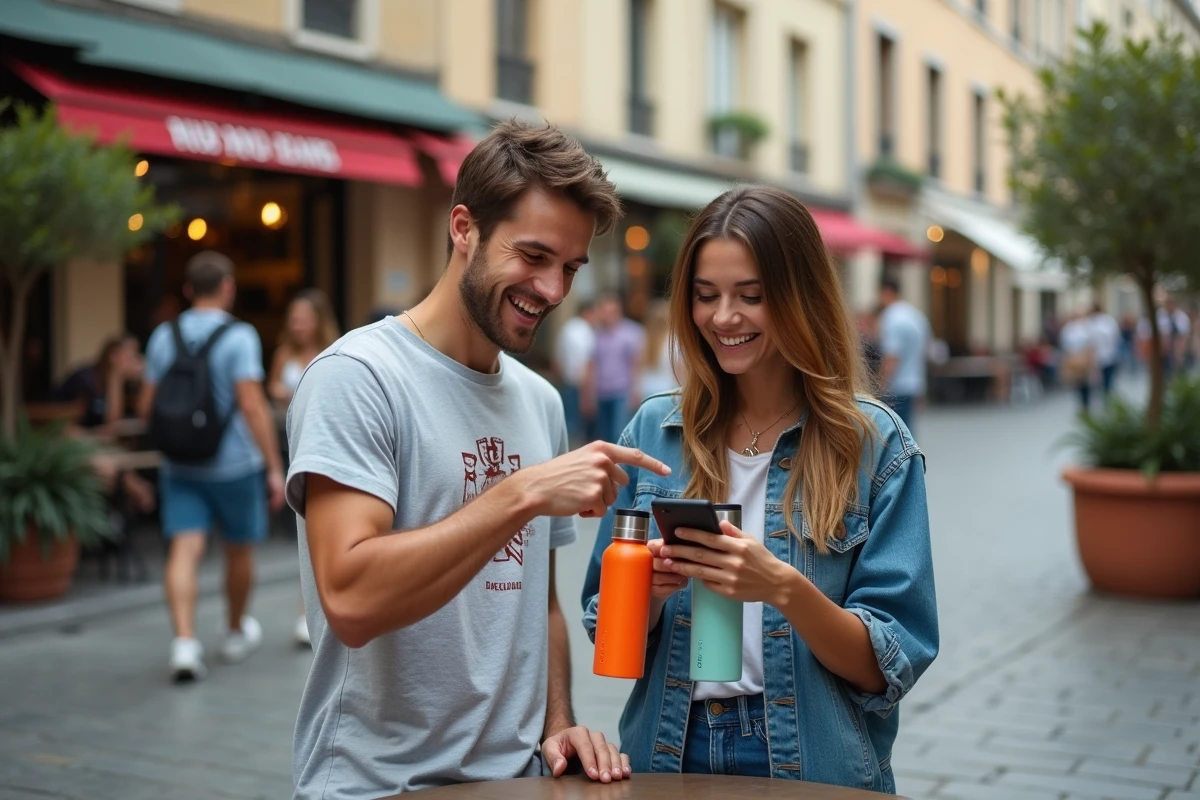 Deux amis en ville découvrant ensemble le code promo Air Up Inoxtag 2026 sur smartphone avec leurs bouteilles à arômes