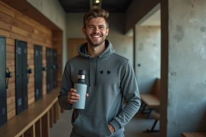 Jeune homme sportif tenant une bouteille Air Up après l'entraînement, illustrant le partenariat Air Up Inoxtag avec code promo 2026