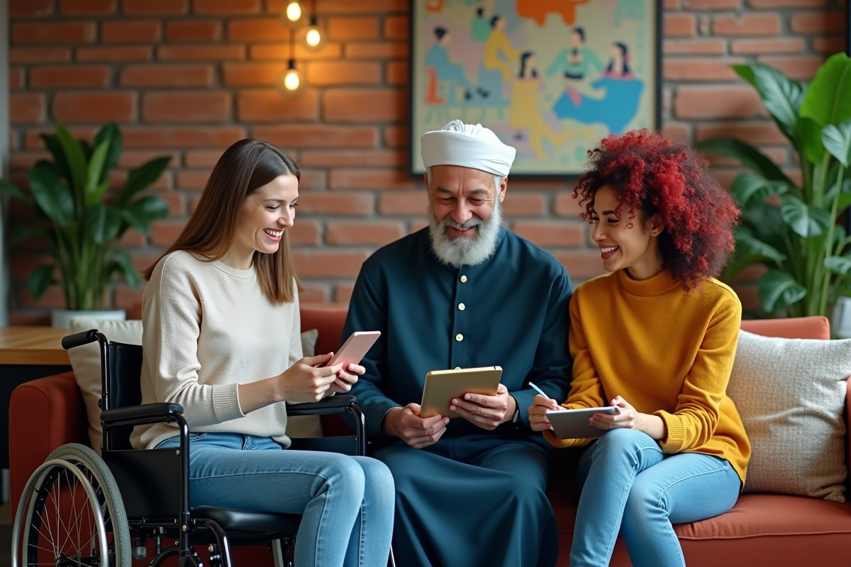 Femme en fauteuil et collègues en discussion dans un espace ouvert