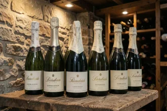Collection capsule de bouteilles de champagne édition limitée sur une étagère en chêne dans une cave en pierre