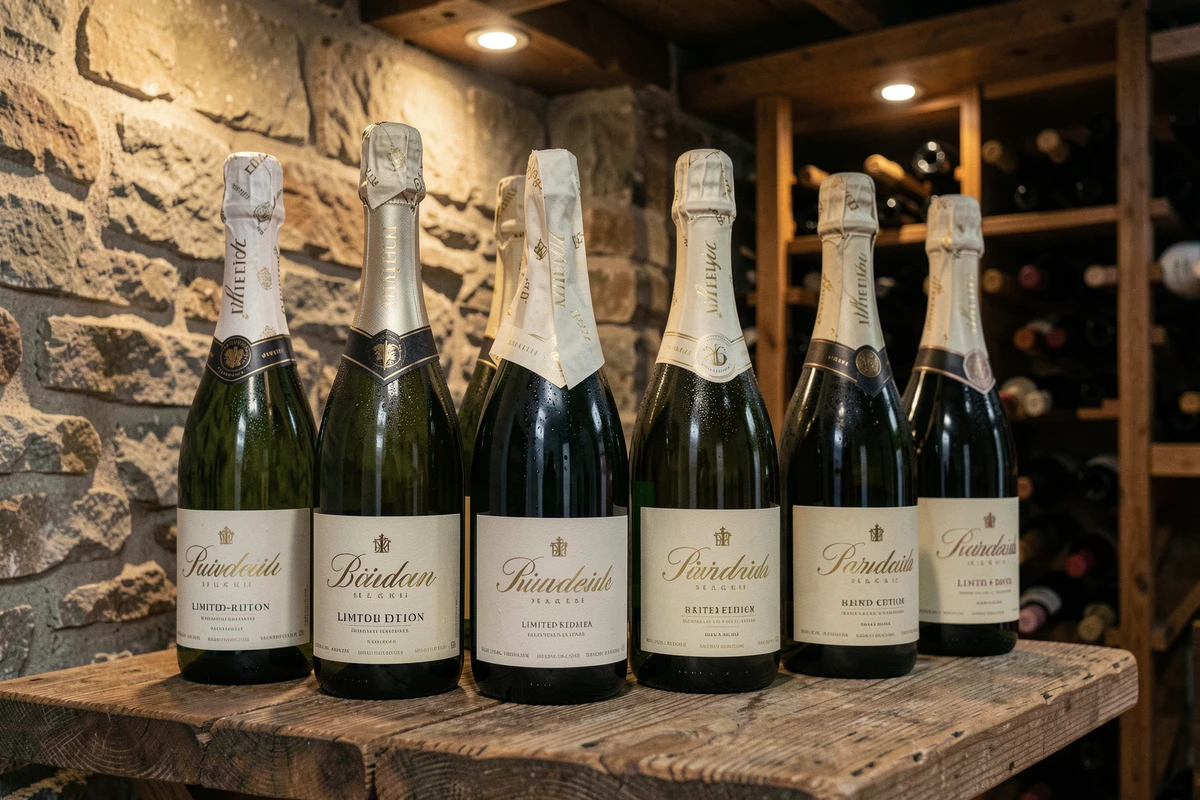 Collection capsule de bouteilles de champagne édition limitée sur une étagère en chêne dans une cave en pierre