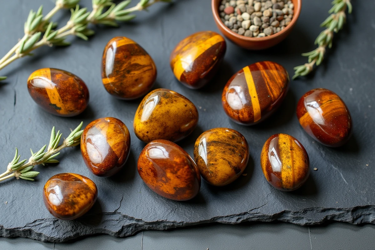 Collection de pierres œil de tigre disposées en flat lay sur ardoise avec herbes séchées, symbolisant la protection et l'énergie positive au quotidien