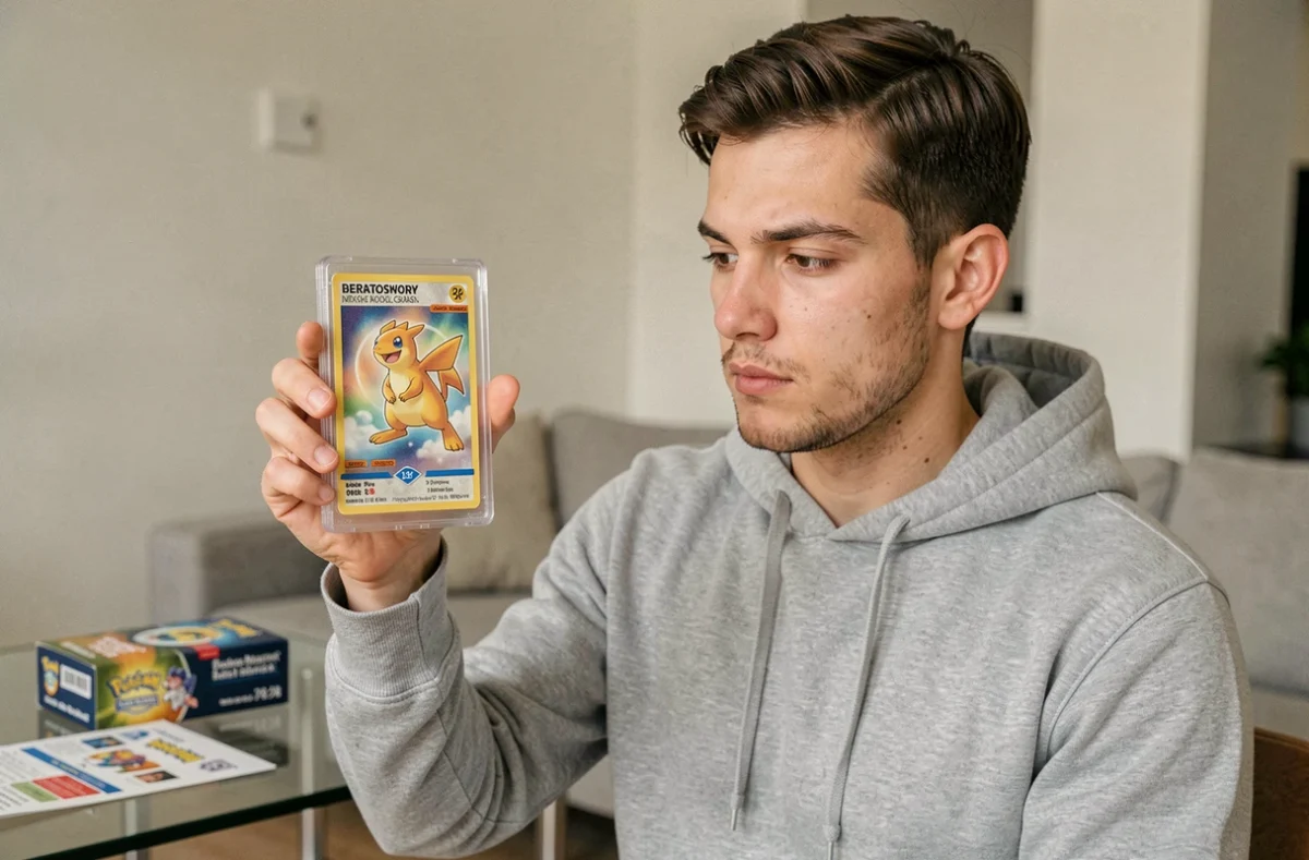 Jeune collectionneur masculin examinant une carte Pokémon Aventure Ensemble gradée PSA dans son appartement moderne