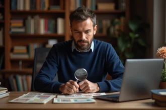 Collectionneur examinant des timbres vintage devant une interface d'enchères en ligne sur Delcampe