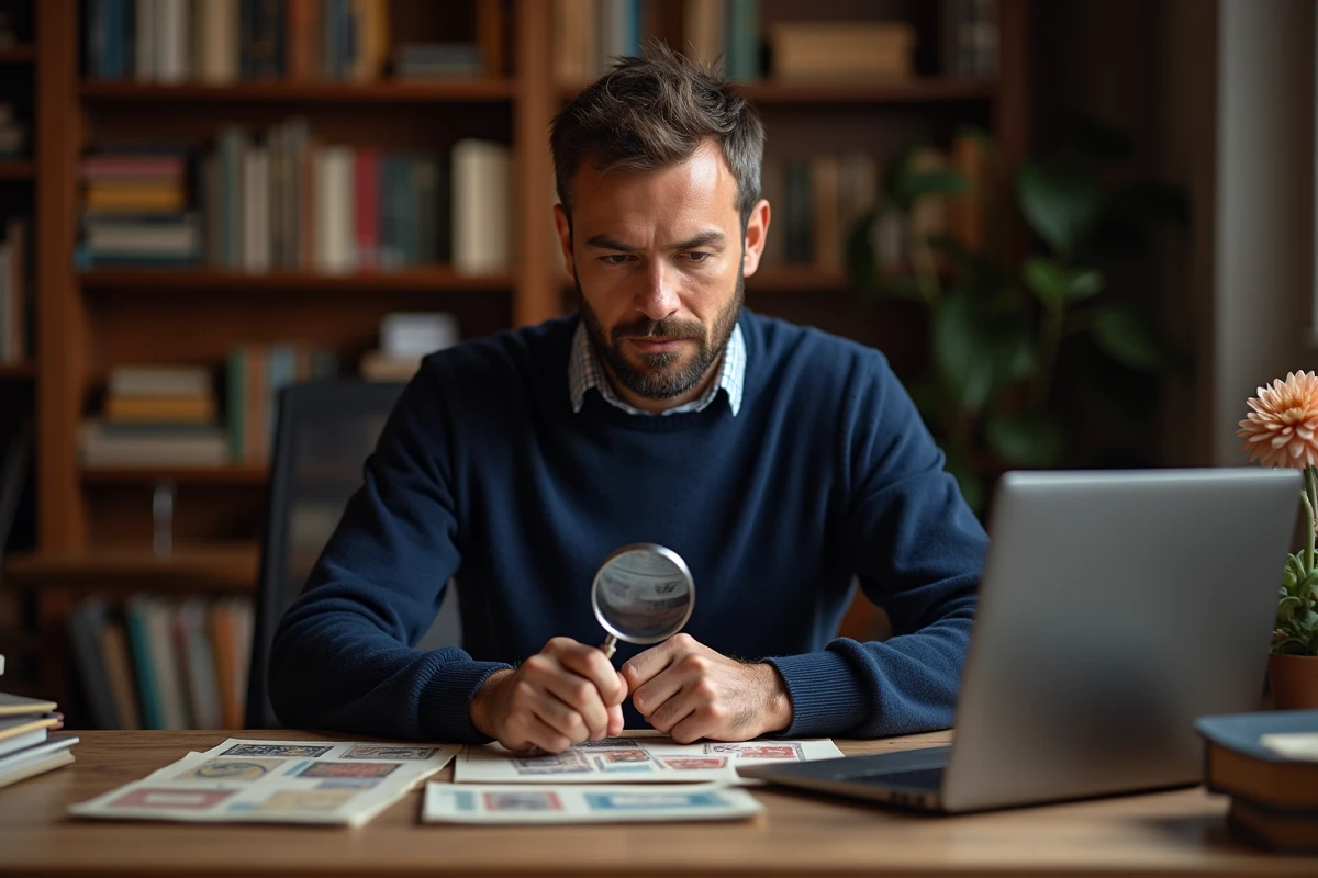 Collectionneur examinant des timbres vintage devant une interface d'enchères en ligne sur Delcampe
