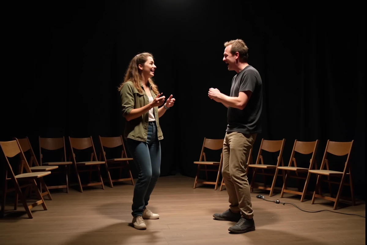 Deux comédiens français en répétition de sketch sur scène dans un petit théâtre de production humoristique