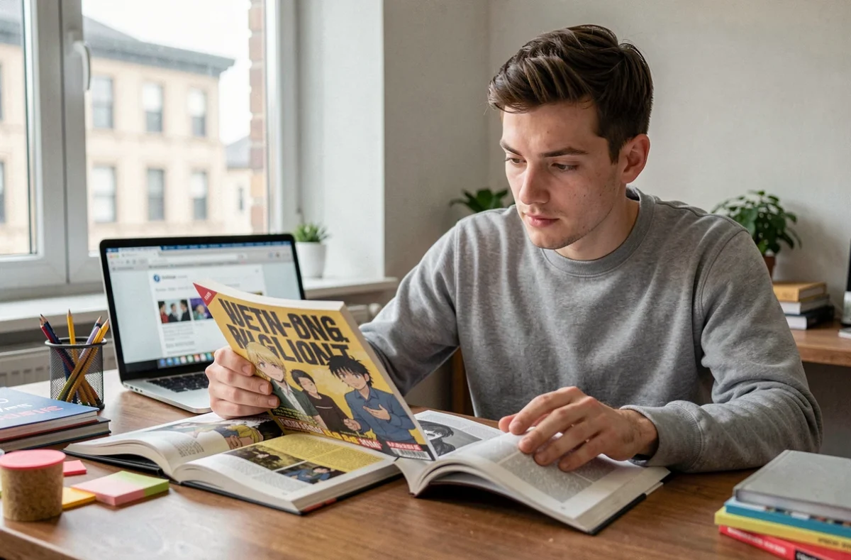 Homme comparant une version officielle VF de manga avec un scan en ligne sur son bureau