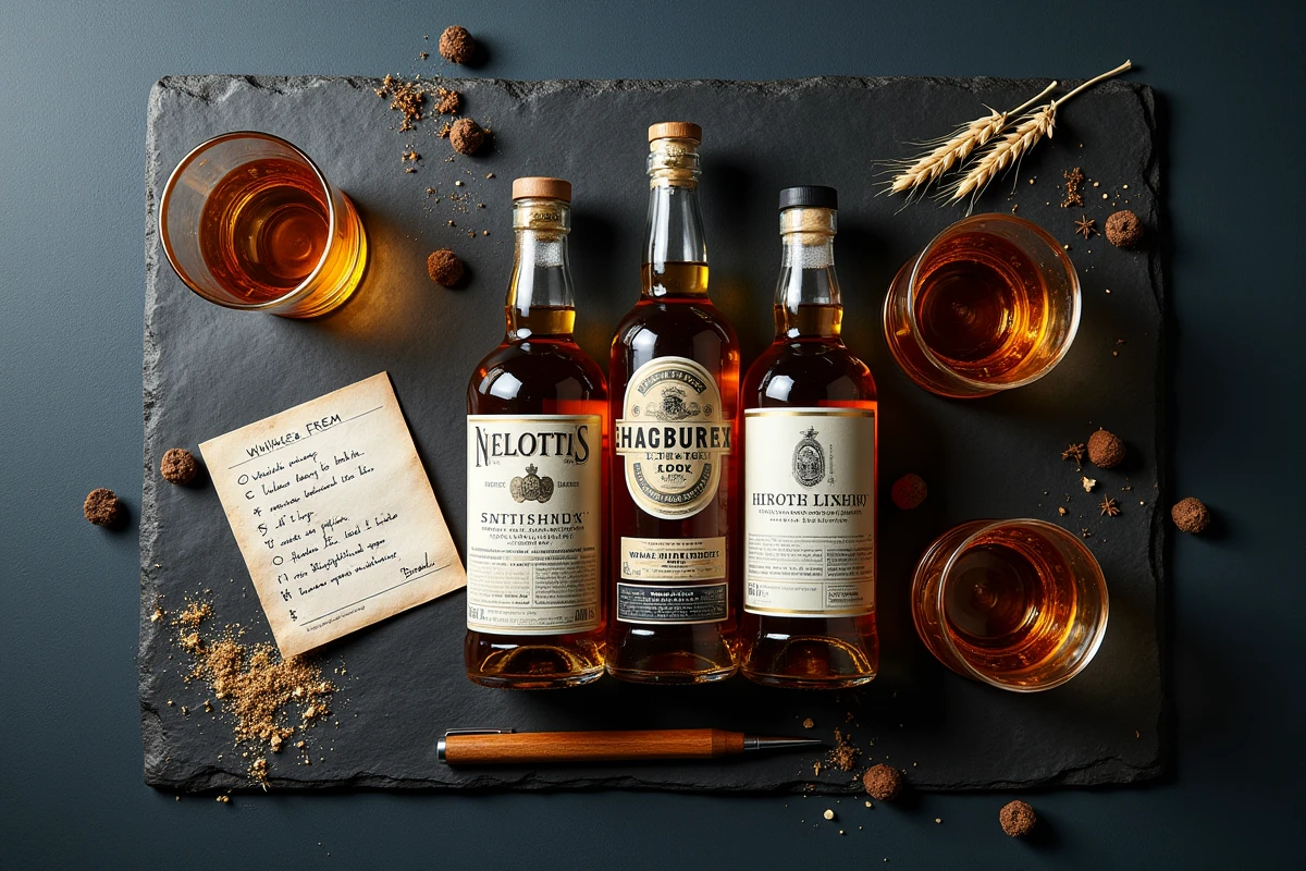 Comparatif de trois whiskies écossais en flat lay sur ardoise avec notes de dégustation, grains d'orge et fragments de tourbe