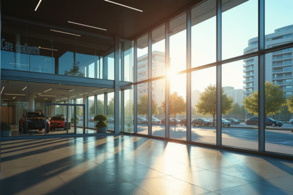 Concession Stellantis moderne avec parking vide et panneau a vendre