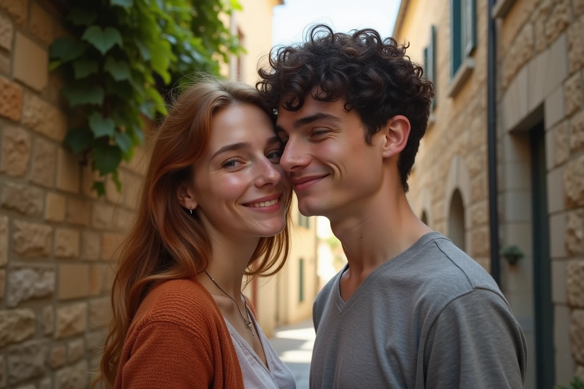 Jeune femme murmurant à l'oreille d'un homme souriant près d'un mur en pierre, scène romantique et douce dans une ruelle européenne