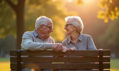 Couple âgé souriant main dans la main dans un parc